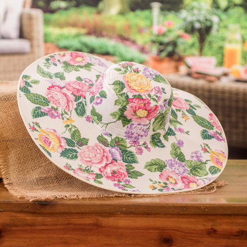 Floral Cotton Sun Hat with Ivory Piping and 6-Inch Brim 'Floral World'