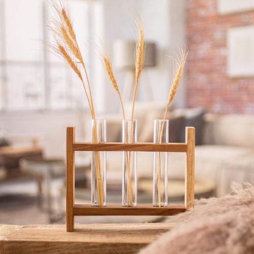 Teak Wood Stand with Glass Tube Vases from Guatemala 'Home Delight'