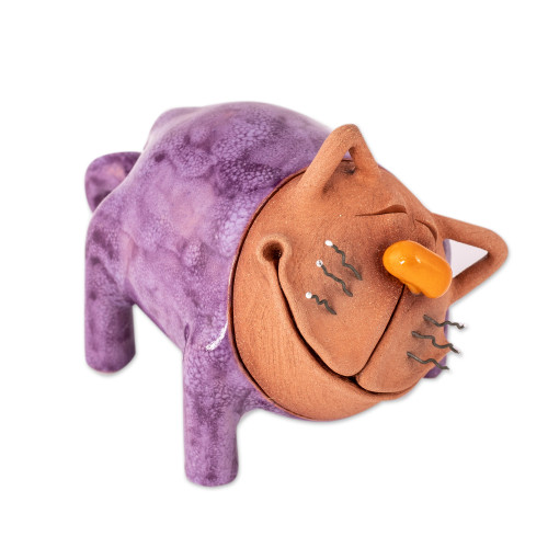 Handcrafted Purple and Brown Ceramic Cat Figurine 'Violet Meows'