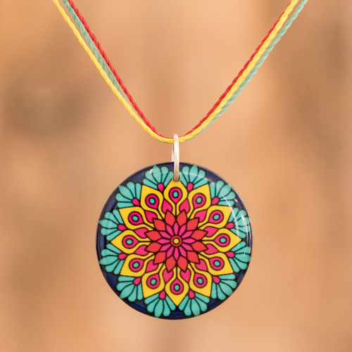 Vibrant Resin Mandala Pendant Necklace with Sliding Knot 'Peacock Mandala' Vibrant Resin Mandala Pendant Necklace with Sliding Knot 'Peacock Mandala'