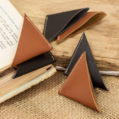 Set of 6 Handcrafted Black and Brown Leather Bookmarks 'Literature Memories'