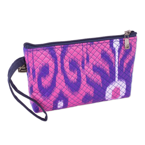 Magenta and Sapphire Ikat Patterned Cosmetic Bag with Zipper 'Classic Magenta'