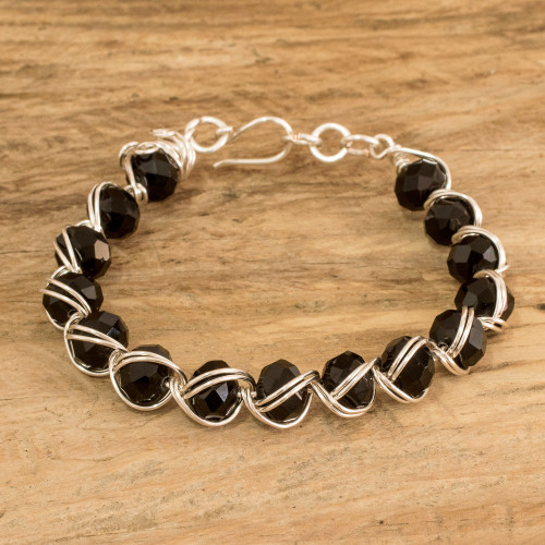 Black Crystal Beaded Bracelet with Silver-Toned Copper Wires 'Luxurious Dark Feeling'