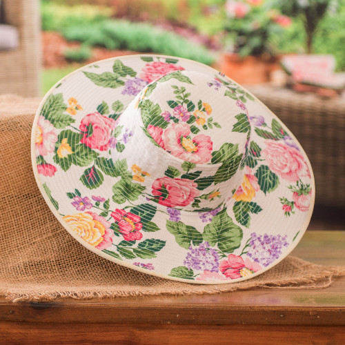 Floral Cotton Sun Hat with Ivory Piping and 4-Inch Brim 'Floral World'