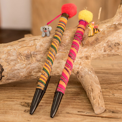 Set of 2 Colorful Cotton Ballpoint Pens with Ceramic Charms 'Little Pets'