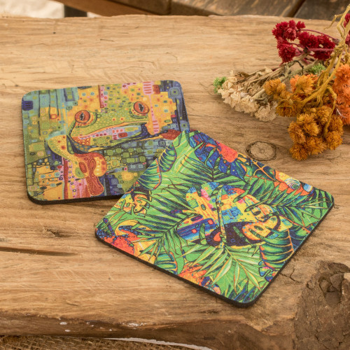 Set of 2 Rubber Coasters with Leafy and Frog Prints 'Tropical Experiences' Set of 2 Rubber Coasters with Leafy and Frog Prints 'Tropical Experiences'