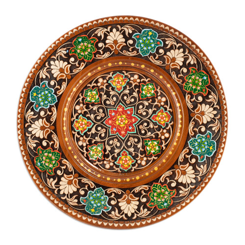 Hand-Carved Traditional Painted Floral Walnut Wood Wall Art 'Memories of a Paradise'