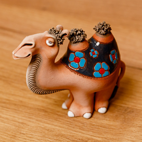 Handcrafted Floral Ceramic Camel Figurine from Uzbekistan 'Serene Camel'