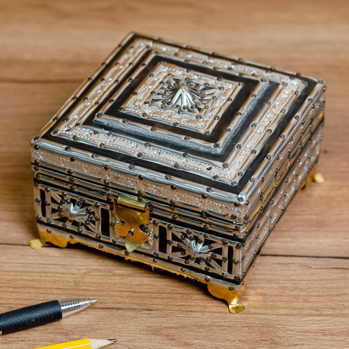 Handmade Square Wood Tin Aluminum and Brass Jewelry Box 'Square Sandiq'