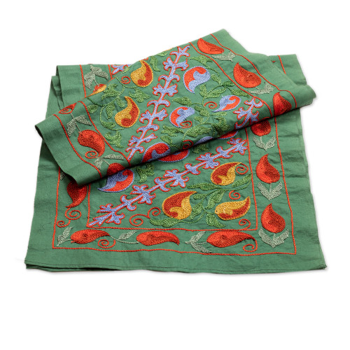 Handmade Embroidered Green Cotton Table Runner 'Almond Forest'