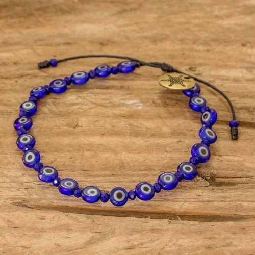 Adjustable Blue Crystal and Nazar Glass Beaded Bracelet 'Blue Guards'