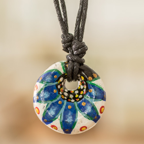 Blue Ceramic Pendant Necklace with Adjustable Cotton Cord 'Heaven's Blue Grace'