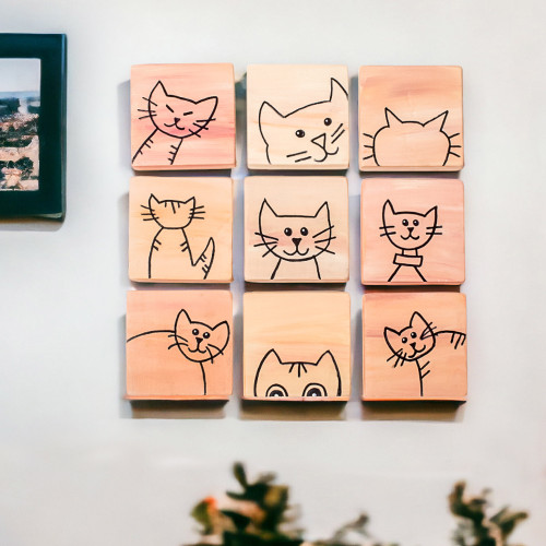 Hand-Painted 9-Piece Wood Wall Art with Cat Motifs 'Feline Portraits'