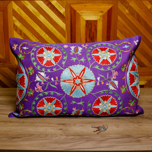 Embroidered Purple Silk and Cotton Cushion Cover 'Glimpses of Purple Nobility'