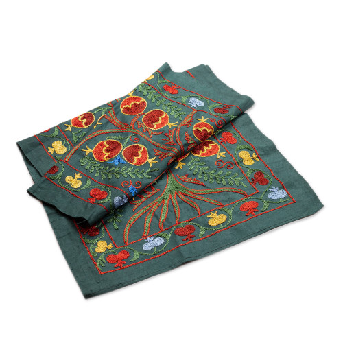 Embroidered Classic Green Cotton Table Runner 'Prosperous Lineage'