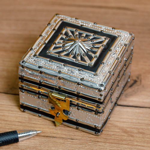 Square Wood Jewelry Box with Tin Aluminum and Brass Accents 'Magical Square'