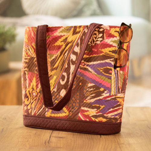 Burgundy Tote Bag with Multicolored Patchwork Ikat Pattern 'Exuberance'