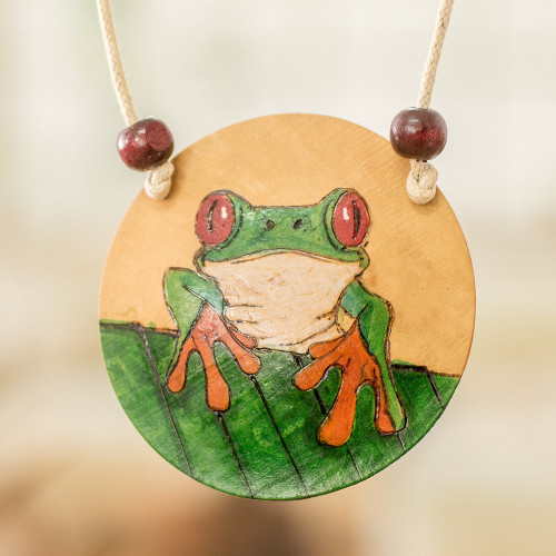 Hand-Painted Calabash Gourd Frog Pendant Necklace 'Luck Portrayal'