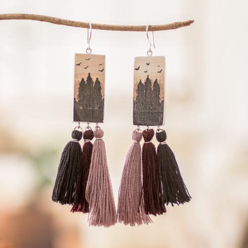Hand-Painted Cedarwood Dangle Earrings with Tassels 'Beloved Forests'