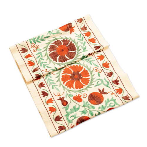 Embroidered Classic Orange Cotton Floral Table Runner 'Imperial Fruit'