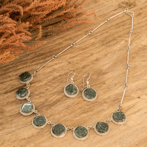 925 Silver Dark Green Jade Necklace  Earrings Jewelry Set 'Ancient Heritage'