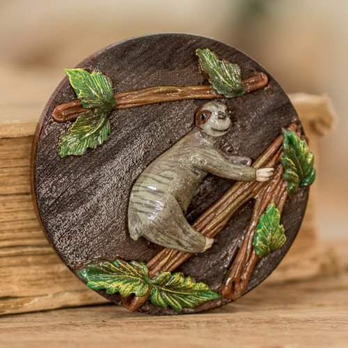 Handcrafted Painted Pinewood and Cold Porcelain Sloth Magnet 'The Tropical Sloth'