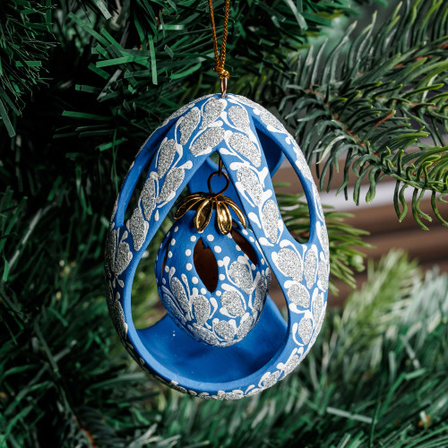 Painted Floral Blue and Silver Ceramic Ornament with Charm 'Winter Secrets'