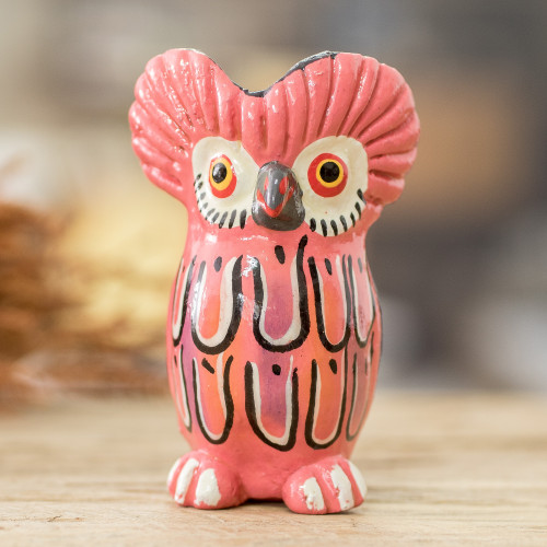 Ceramic Owl Figurine in Pink Hand-Painted in Guatemala 'Sweet Tecolote'