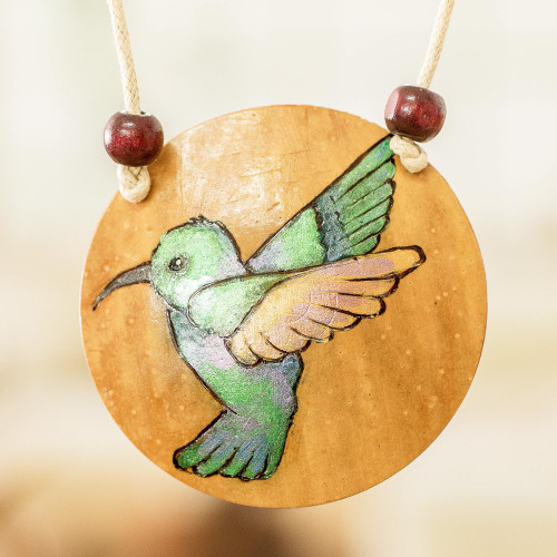 Hand-Painted Calabash Gourd Hummingbird Pendant Necklace 'Harmony Portrayal'