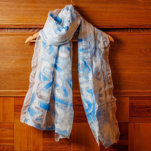 Abstract Soft White Silk Scarf with Blue Wool Felt Accents 'From Heaven'