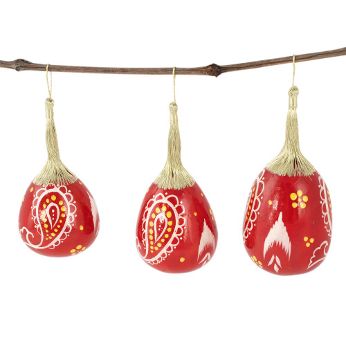 Set of Three Hand-Painted Crimson Dried Gourd Ornaments 'Crimson Eve'