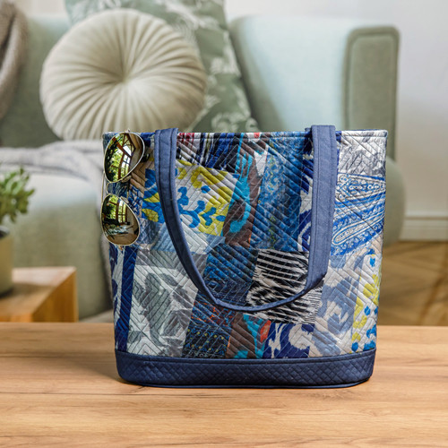 Blue-Toned Patchwork Ikat Tote Bag Crafted in Uzbekistan 'Blue Traditions'
