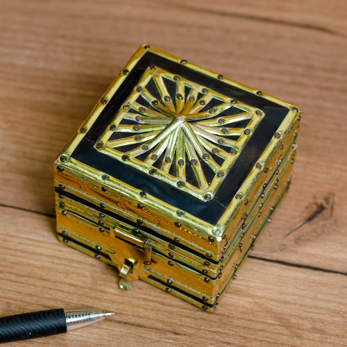 Handmade Leather-Lined Wood Brass and Tin Jewelry Box 'Majestic Square'