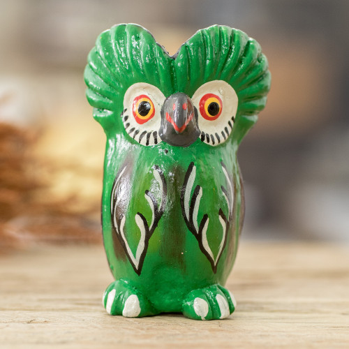 Ceramic Owl Figurine in Green Hand-Painted in Guatemala 'Wise Tecolote'