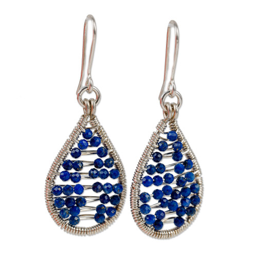 Polished Drop-Shaped Lapis Lazuli Beaded Dangle Earrings 'Sky's Intellect'