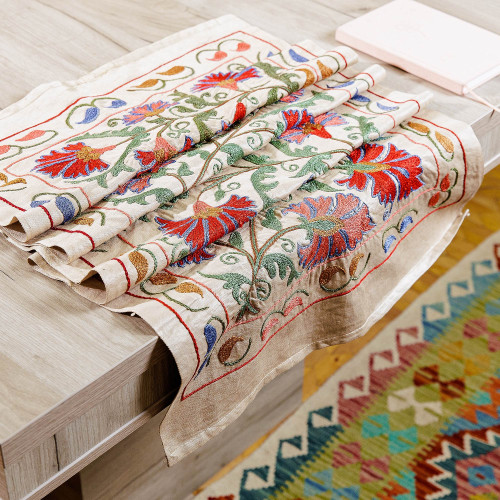 Classic Floral Colorful Embroidered Silk Table Runner 'Spring in Eden'