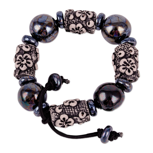 Floral Black Ceramic Beaded Stretch Bracelet from Uzbekistan 'Luxurious Season'
