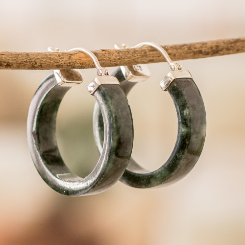 Dark Green Jade Hoop Earrings with Sterling Silver Clasps 'Nature Connection'