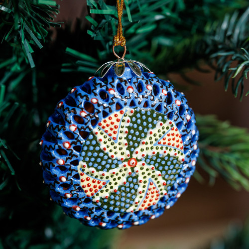 Painted Swirl-Patterned Blue and Yellow Ceramic Ornament 'Hypnotic Folklore'