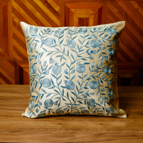 Embroidered Pomegranate-Themed Blue Silk Cushion Cover 'Celestial Omen'