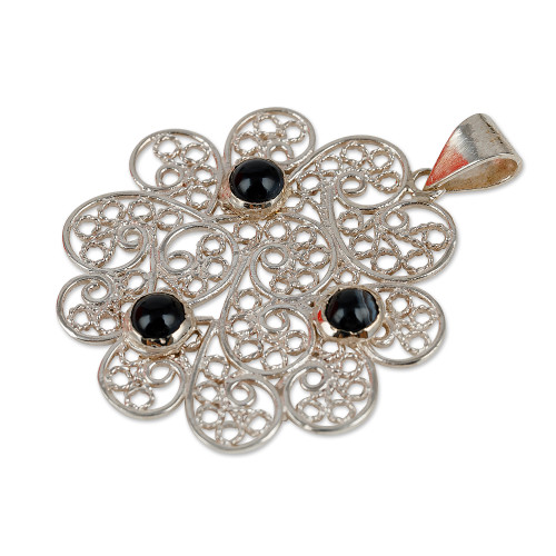 Floral Filigree Pendant Necklace with Black Agate Cabochons 'Mysterious Madame'