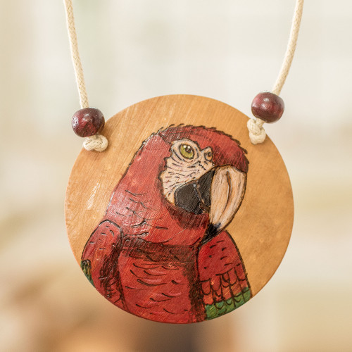 Hand-Painted Calabash Gourd Red Macaw Pendant Necklace 'Loyalty Portrayal'