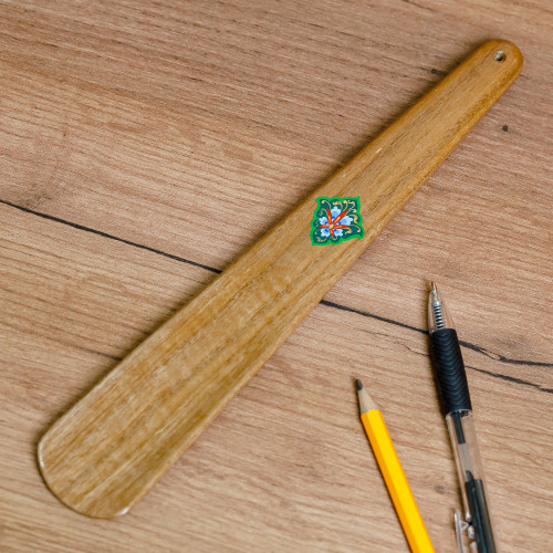 Hand-Carved Walnut Wood Shoehorn with Green Floral Detail 'Magnificent Pace'