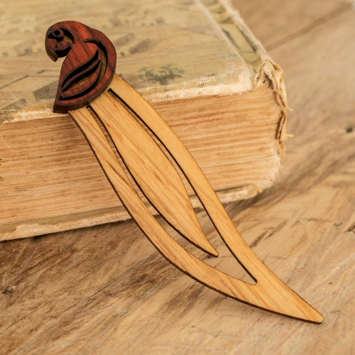 Macaw-Themed Leafy Teak and Mora Wood Bookmark 'Intellectual Macaw'
