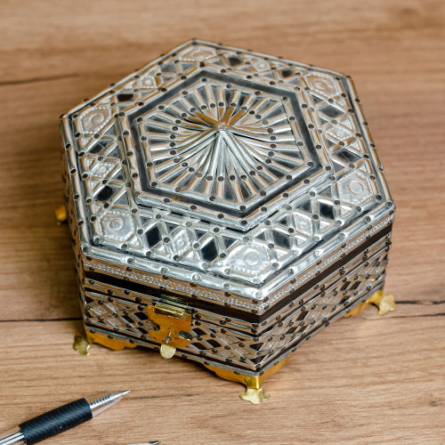 Handcrafted Wood Jewelry Box with Tin Aluminum Brass Accents 'Fabulous Hexagon'