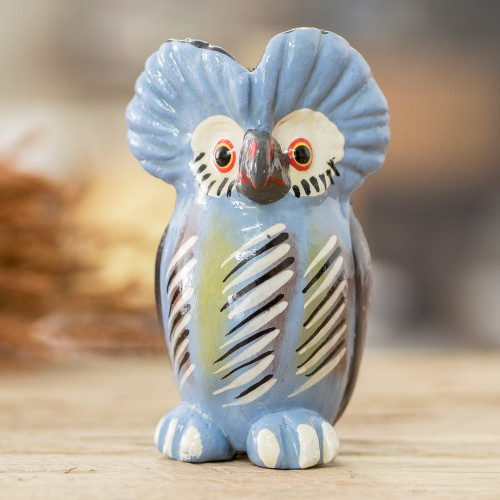 Ceramic Owl Figurine in Light Blue Hand-Painted in Guatemala 'Curious Tecolote'