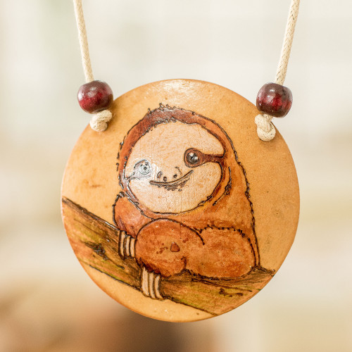 Hand-Painted Calabash Gourd Sloth Pendant Necklace 'Calm Portrayal'