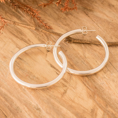 Guatemalan Lustrous Sterling Silver Half-Hoop Earrings 'Alluring Moon'