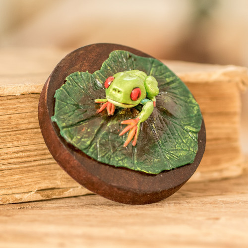 Handcrafted Painted Pinewood and Cold Porcelain Frog Magnet 'The Tropical Frog'