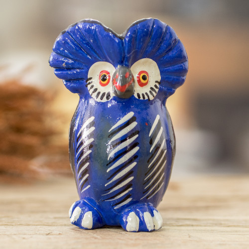 Ceramic Owl Figurine in Blue Hand-Painted in Guatemala 'Delightful Tecolote'